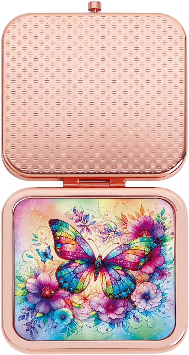 Compact Mirror, Handheld 2.8 inches Travel Makeup Mirror, 1X/2X Magnifying Square Pocket Makeup Mirror Rose Gold Butterfly