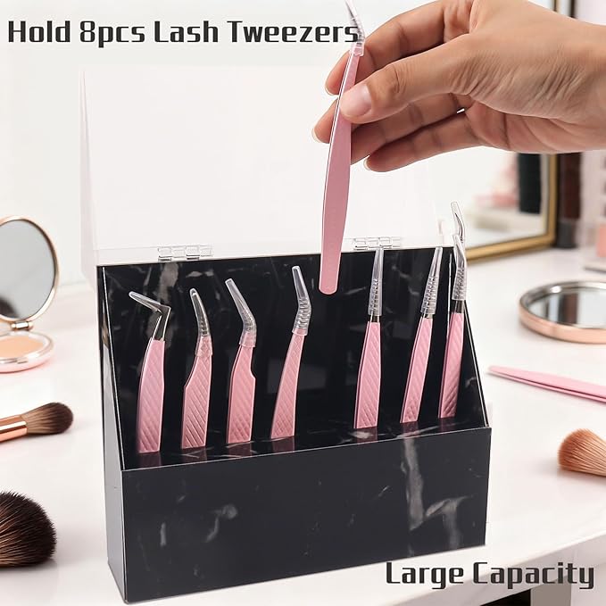 8 Holes Dust proof Tweezer Storage Rack,Acrylic Tweezer Display Stand Holder Eyelash Extension Supplies Lash Accessories Tools (Marble Black)