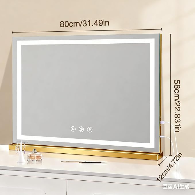 halumao Vanity Mirror with Lights, 31.5" x 23.6" Large Makeup Mirror with LED Lights, Smart Touch Dimmable 3-Color Light, Memory Function, USB Charging Port