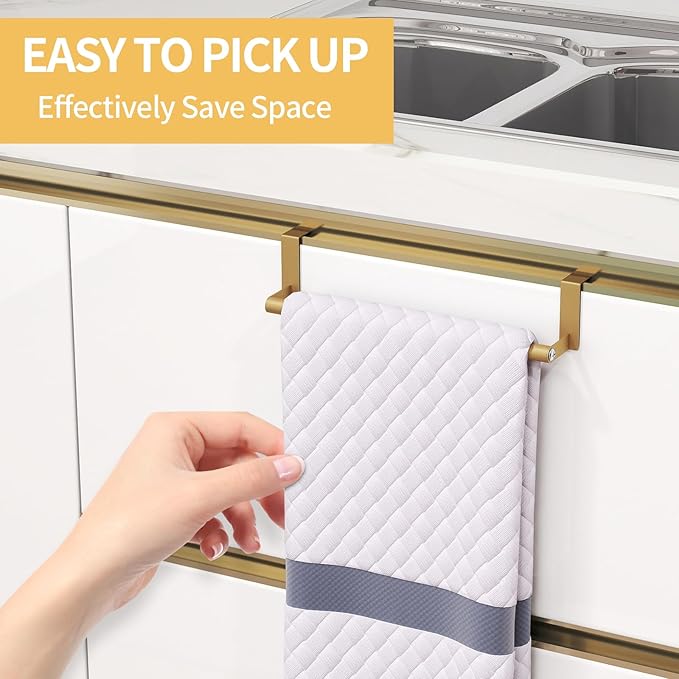 STWWO Over The Door Towel Rack, Kitchen Towel Holder Over Cabinet Door Towel Bar Stainless Steel for Cupboard for Kitchen Dish Towel Holder Hanger, 2 Pack (Gold)