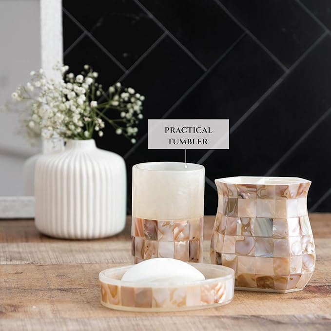 Creative Scents Milano Toothbrush Cup - Electric Toothbrush Holder for Bathroom fits Toothbrushes and Toothpaste - Bathroom Tumbler Cup Finished with Beautiful Mother of Pearl Shells