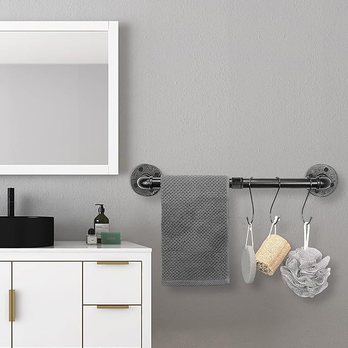 Industrial Pipe Towel Rack Towel Bar, Heavy Duty Wall Mounted Rustic Farmhouse Bath Towel Holder for Bathroom (Black, 24 inch)
