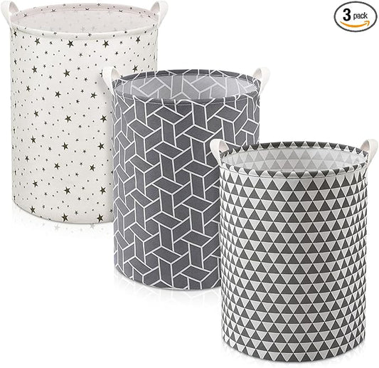 Patelai 3 Pieces Large Laundry Hamper Round Collapsible Organizer Storage Bin Waterproof Foldable Dirty Clothes Laundry Basket for Home Bathroom(Geometric)