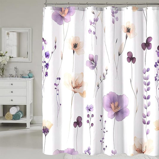 Purple Beige Floral Shower Curtain, Watercolor Flower Shower Curtains for Bathroom, Modern Minimalist Waterproof Fabric Bath Decoration 72x72 Inch