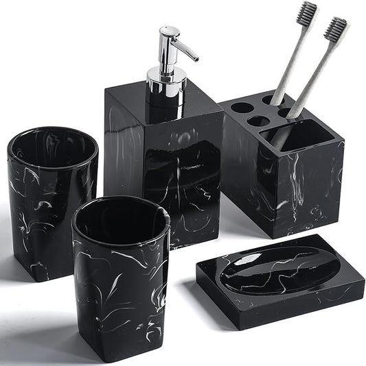 5 Piece Bathroom Accessories Set, Marble Resin Bathroom Vanity Set, Soap Dispenser, Toothbrush Holder, Soap Dish & 2 Tumblers, Bathroom Countertop Organizer Set (Ink Black)