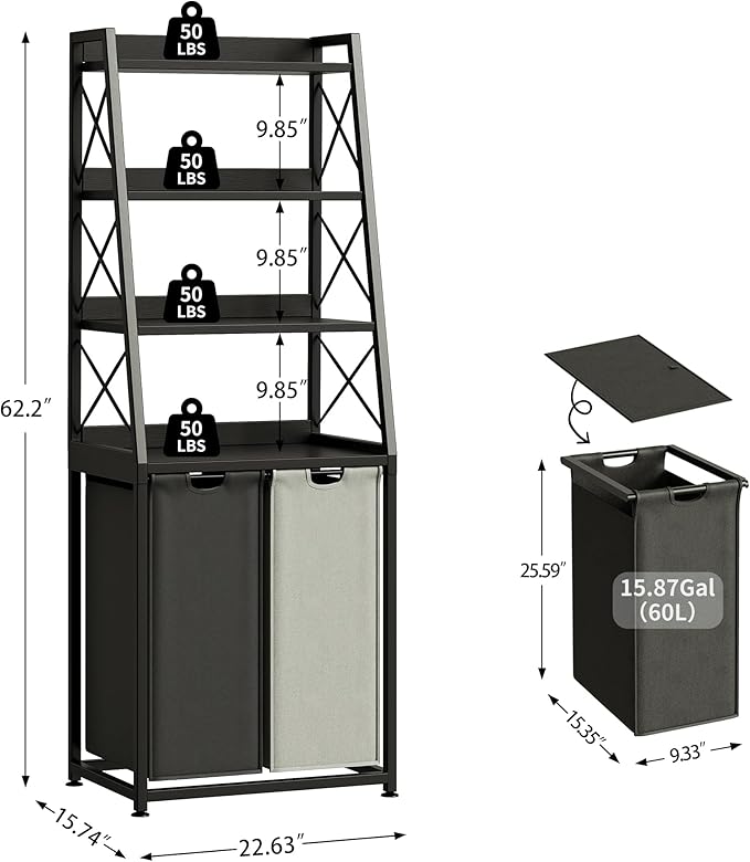 Herture Laundry Basket, 2 Section Laundry Hamper with 4 Tiers Shelf, Pull-Out and Removable Laundry Bags, Large 2 x 15.87 Gallons, for Bedroom Bathroom Black PF11XLK
