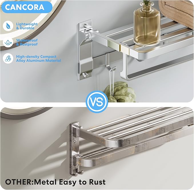 Foldable Towel Rack Wall Mounted, 23 Inch Rustproof Aluminum Bathroom Towel Shelf with Towel Bar & 5 Hooks, Space Saving Towel Storage Organizer for Bathroom Kitchen Laundry Room, Silver