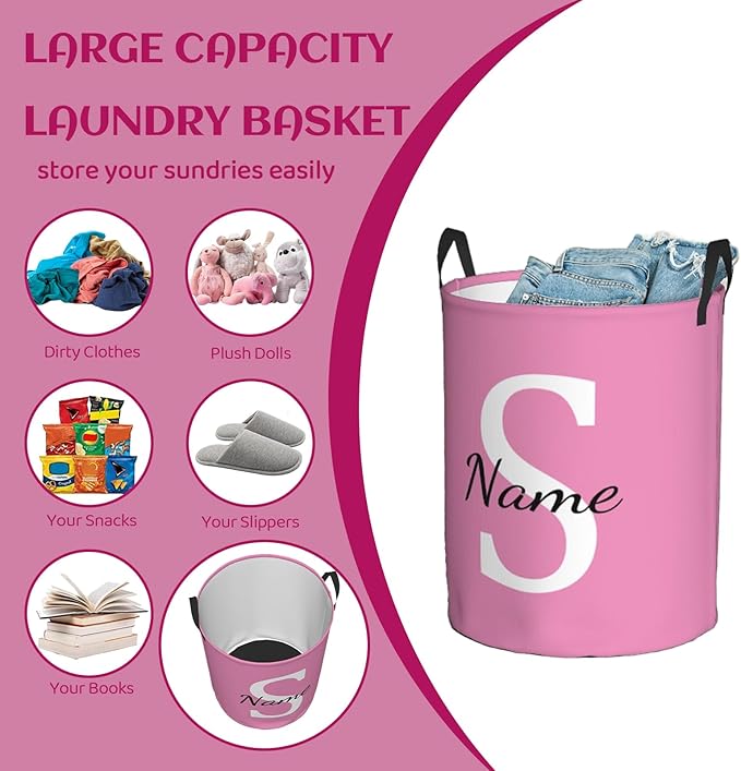 Custom Name Laundry Hamper, Personalized Laundry Basket with Name, Customized Dirty Clothes Storage Basket with Handles for Boys Girls Men Women Bedroom Bathroom (L)