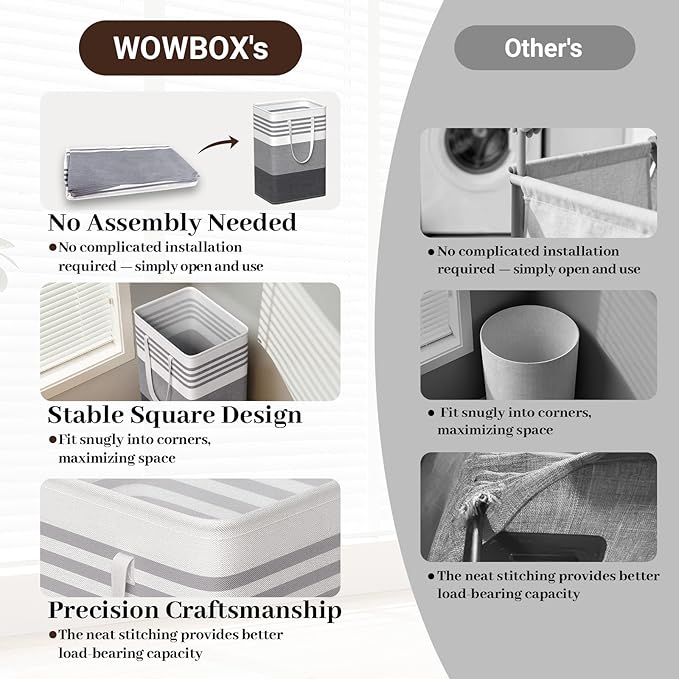 WOWBOX 2 Pack Laundry Hampers Baskets, Freestanding Dirty Clothes Hampers with Reinforced Handles & Cross Stitch & Waterproof Coating, for Laundry Bedroom Bathroom, 2 x 75L