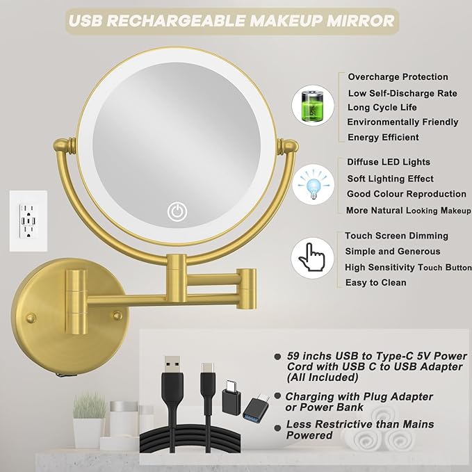 Make up Mirror Wall Mounted with Lights and 10X Magnification Rechargeable, 8" Double Sided, 3-Colors Touch Dimmable Extended Arm 360 Rotation Foldable Cosmetic Mirror, Brushed Gold