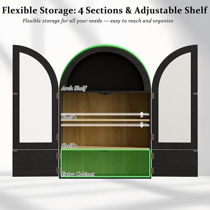 BREEZEHEAT Arched Medicine Cabinet with Extra Storage, Glass Doors & Adjustable Shelf -Wall Mounted Over Toilet Cabinet for Bathroom, Kitchen, Laundry Room, Black Wood Grain, 23.6x33.5 Inch