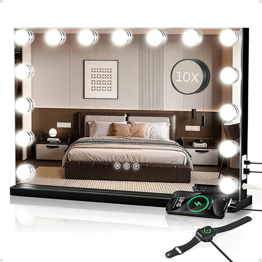 Hollywood Vanity Mirror with Lights, Makeup Mirror with 15 Dimmable Bulbs, 3 Color Lights, Touch Control, 10X Magnifier, USB/Type-C Charging, Metal, Gifts for Women, Black (23" W x 18" H)