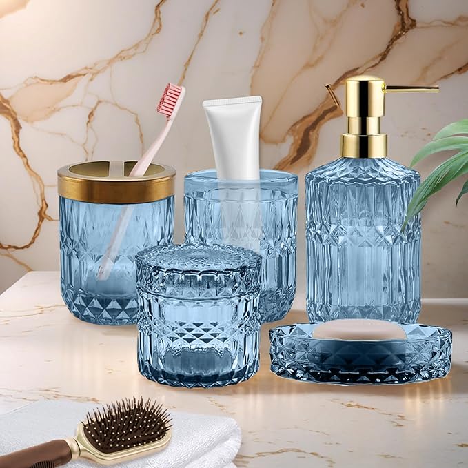 5Pcs Blue Bathroom Accessories Set, Glass Bathroom Accessories, Vintage Bathroom Countertop Decoration Includes Soap Dispenser, Toothbrush Holder, Qtip Holder,Soap Dish and Rinsing Cup