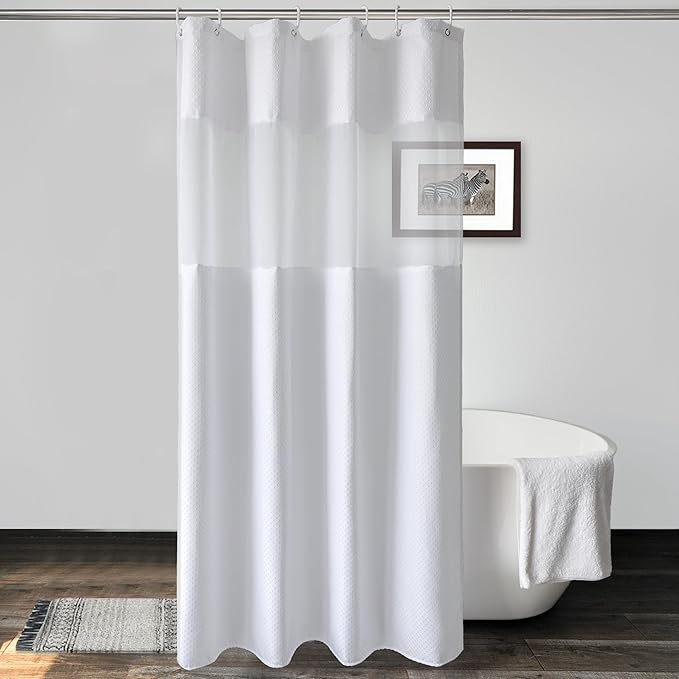 UFRIDAY Waffle Weave Fabric Shower Curtain with Mesh Window, Heavy Duty Decorative Bathroom Curtain with White Pique Pattern, Spa-Like Hotel Luxury, Water-Repellent,60 x 72 Inches