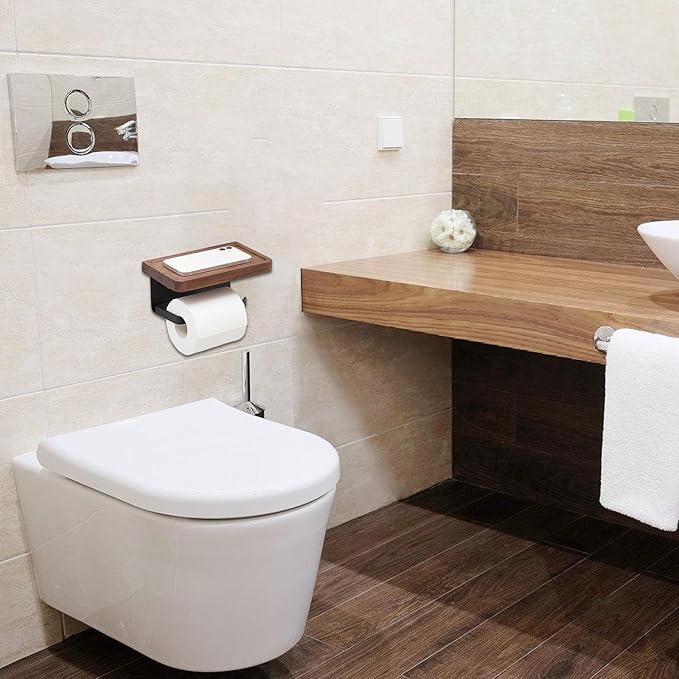 Walnut Bathroom Shelf Stainless Steel Holder Wall Mount Phone Storage Home Decoration