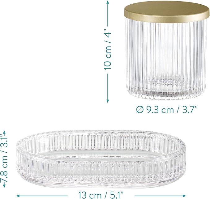 Navaris Glass Bathroom Accessories Set (4 Pieces) - Includes Soap Dispenser, Toothbrush Tumbler, Soap Dish, Cotton Pad Holder - Clear Glass with Gold Metal