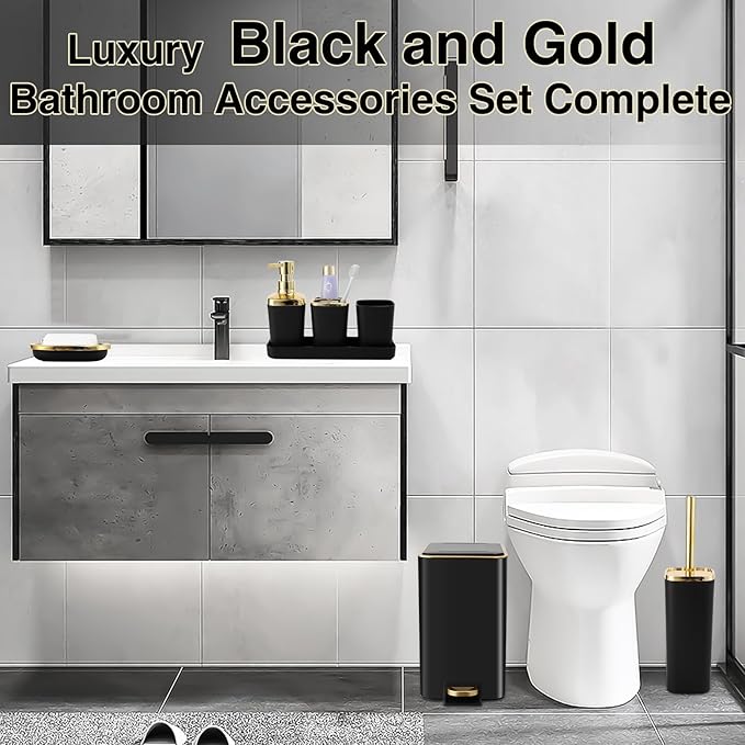 XLHOMO Black Bathroom Accessories 8 Piece Black and Gold Bathroom Set, Bathroom Accessories with Stainless Steel Bathroom Trash Can,Toilet Brush,Toothbrush Set,Soap Dispenser