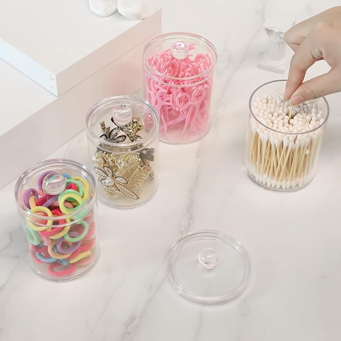 4 Pack Acrylic Qtip Holder Dispenser,Canisters Apothecary Jar Set, Vanity Makeup Storage Organizer Set,10 oz