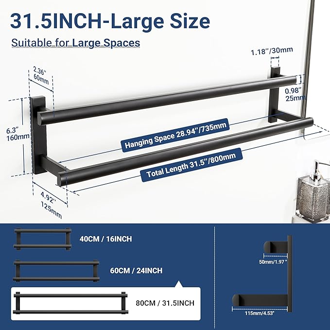SAYAYO Double Towel Bar for Bathroom, 31.5 Inch Matte Black Bath Towel Rack Towel Holder Wall Mounted, SUS304 Stainless Steel