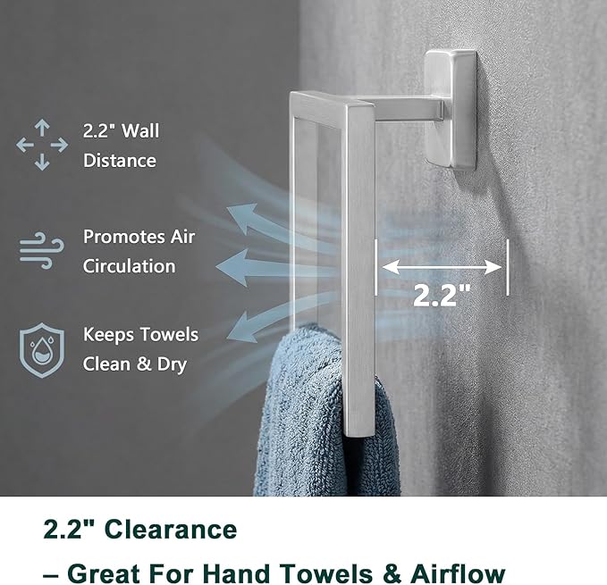 Bath Towel Ring, Square SUS304 Stainless Steel Hand Towel Holder for Bathroom Wall Mounted, Modern Towel Hanger for Bath, Kitchen, Brushed Nickel