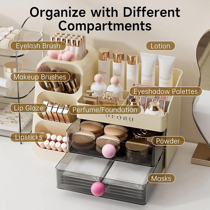 Makeup Organizer for Vanity with Brush Holder, Countertop Skincare Organizer with 2 Drawers, Spacious Cosmetic Display Case for Perfumes, Eyeshadow Palettes, Nail Polishes