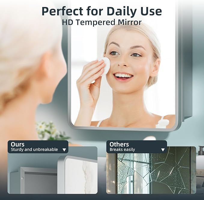 Bathroom Medicine Cabinet with Mirror 16 x 24 Inch, Silver Medicine Cabinet Recessed or Surface Wall-Mounted, Mirrored Cabinets with 2 Adjustable Shelves for Bathroom Vanity