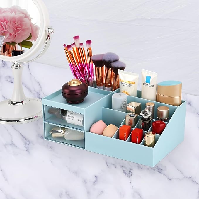 LETURE Desk Organizer, Cosmetic Makeup Vanity Organizer Box, Bathroom Counter Makeup Storage for Eyeshadows, Skin Care, Concealers, Powders, Nail Polish (Blue)