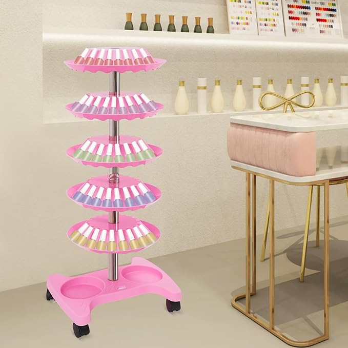 5 Tiers Nail Polish Trolley Display Organizer, 360 Rotating Nail Polish Rack Holder with Wheels, Up to 120 Nail Polish, Rotating Essential Oil Display Stand for Home Spa Business Salon, Pink