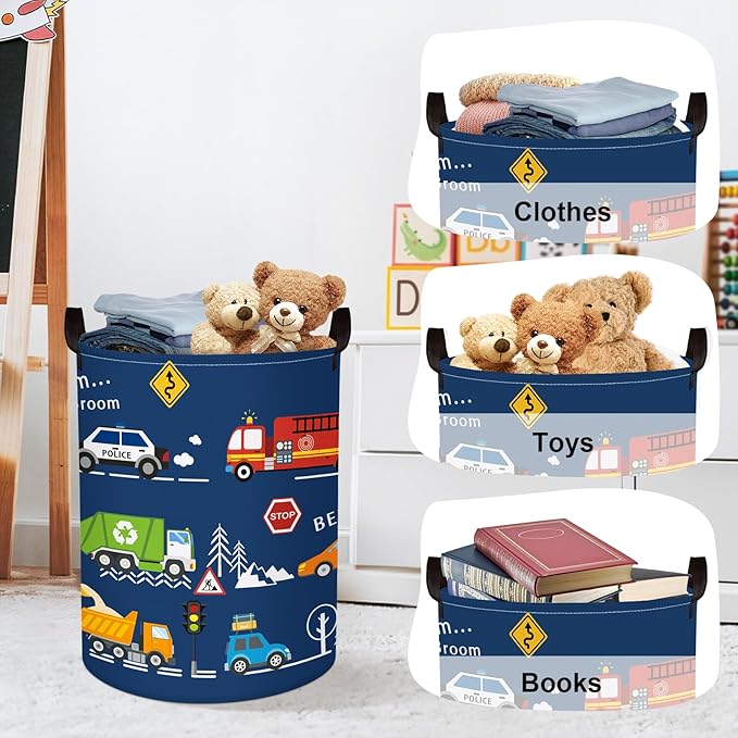 Cars Laundry Hamper Cartoon Vehicle Large Storage Basket Collapsible Parents Organizer Boy Toy Clothes Bins for Bedroom, Bathroom, City Bus, 63L