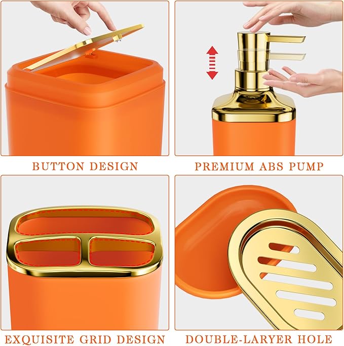 XLHOMO Bathroom Accessories Set - Luxury Orange Bathroom Set, 9 Pieces Bathroom Accessory Set, Orange Bathroom Accessories with Trash Can, Toilet Brush & Soap Dispenser