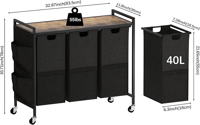 Huhote Laundry Hamper, Laundry Basket, Laundry Sorter with Top Shelf & 3 Removable Washable Bags & Side Pockets for Laundry Room organization, Bathroom and Dorm, Rustic Brown and Black