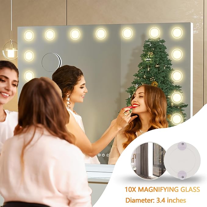 Hasipu Vanity Mirror with Lights, 40" x 32" Makeup Mirror, Light up Mirror with 19 Dimmable LED Lights and 10X Magnification, 3 Colors Modes, Touch Control, USB Charging Port, White