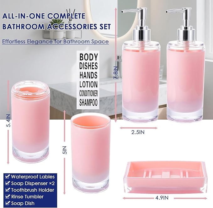 Pink Bathroom Accessories Set 5 Pieces Soap Dispenser and Toothbrush Holder, Tumbler, Soap Dish, Waterproof Labels, Acrylic Sink Countertop Organizer Set, Housewarming Gift with Exquisite Packaging