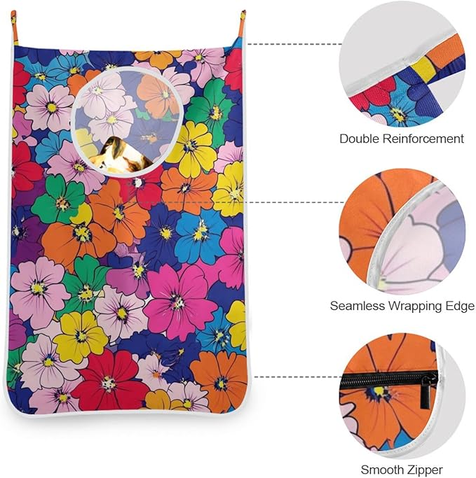 Hanging Laundry Hamper with Stainless Steel Hooks,Oxford Fabric Printing Door Laundry Clothes Bag, 29.5X20inch 2PCS Kawaii Small Hibiscus Flowers