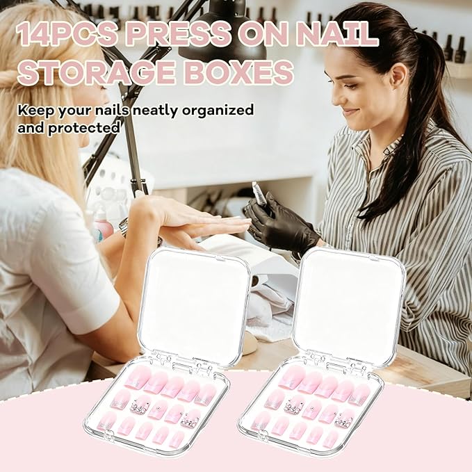 14Pcs Press On Nail Storage Box with 60Pcs Adhesive Double Sided Tape, Press on Nail Packaging Supplies Container False Nails Display Cases for Nail Art Salon Business(4Colors)