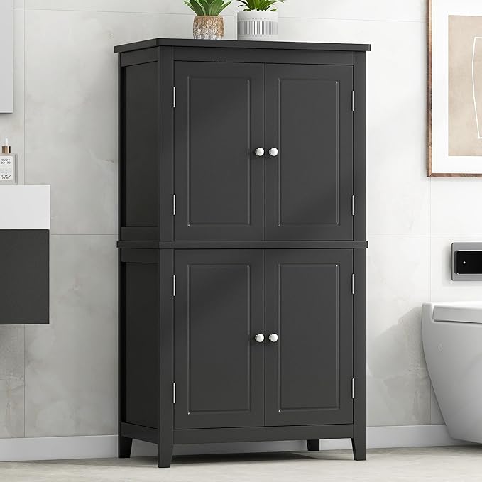 Black Bathroom Storage Cabinet Freestanding Design with 4 Doors Adjustable Shelves Waterproof MDF Board for Home Organization Bathroom Office Use