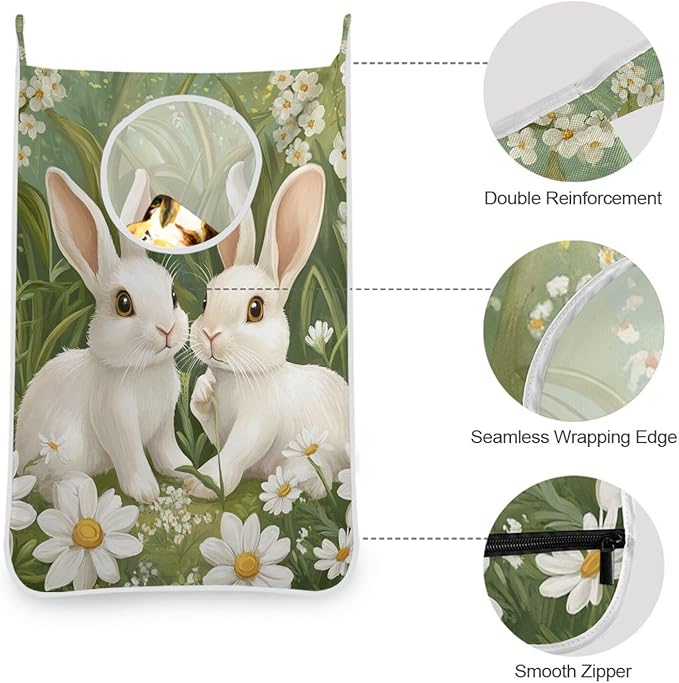Green Easter Bunny Daisy Door Hanging Laundry Hamper Bag with Free Adjustable Stainless Steel Hooks Dirty Clothes Hamper Extra Large Over the Door Laundry Hamper 29.5X20inch 1 PCS
