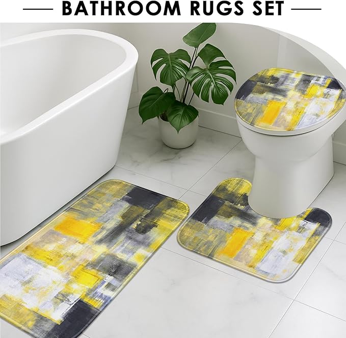Britimes 4 Piece Shower Curtain Sets with 12 Hooks, Yellow Gray White with Non-Slip Rugs, Toilet Lid Cover and Bath Mat for Bathroom Decor Set 72" x 72"