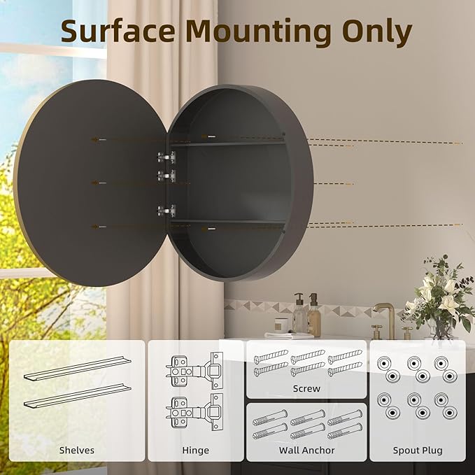30 x 30 in Round Gold Mirror Medicine Cabinet Surface Mounted, Circular Modern Bathroom Medicine Cabinet with Mirror, Metal Framed Medicine Cabinets with Tempered Glass Mirror