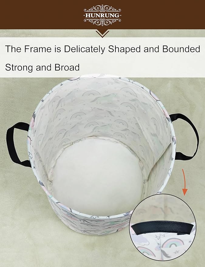 HUNRUNG Laundry Hamper,Large Canvas Fabric Lightweight Storage Basket Toy Organizer Dirty Clothes Collapsible Waterproof for College Dorms???Round-Star Unicorn???