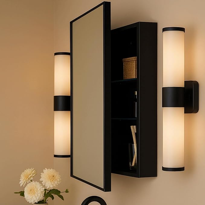 TEHOME 24'' x 30'' Black Recessed and Surface Mount Bathroom Medicine Cabinet with Mirror Matt Black Square Cornered Metal Framed Rounded Rectangle Medicine Cabinet Mirror
