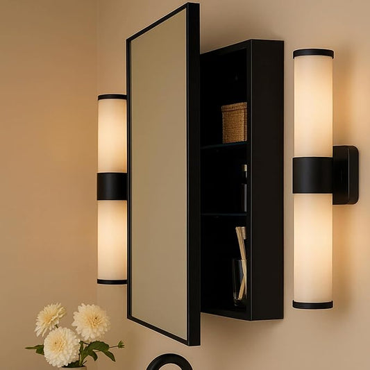 TEHOME 24'' x 30'' Black Recessed and Surface Mount Bathroom Medicine Cabinet with Mirror Matt Black Square Cornered Metal Framed Rounded Rectangle Medicine Cabinet Mirror