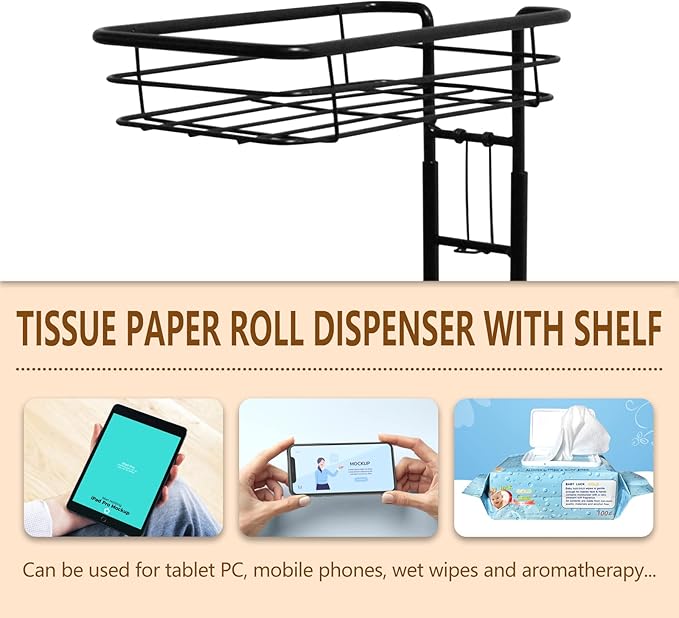 Toilet Paper Holder Stand Bathroom Toilet Paper Storage with Raised Base, Tissue Paper Roll Dispenser with Top Shelf (Black)