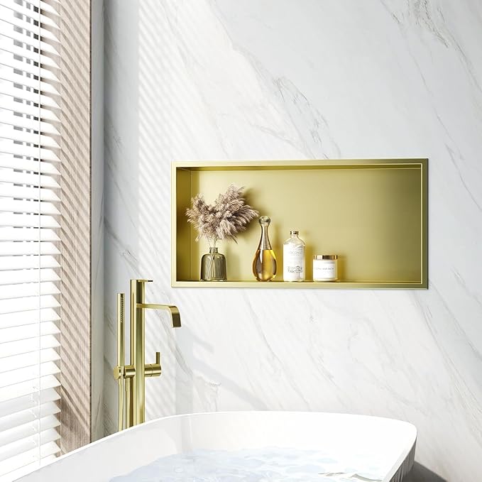Neodrain Shower Niche, Insert Bathroom Storage Shower Shelf, Stainless Steel Recessed Wall Niche No Tiled Recessed Cabinet Waterproof for Shower Storage(Gold,24"x12")