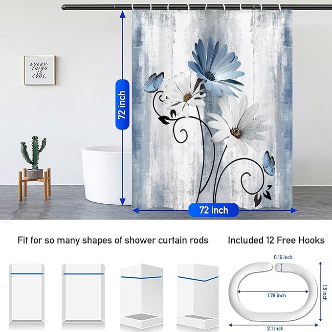 NBVKO 4PCS Rustic Blue Flower Farmhouse Shower Curtain Set,Waterproof Blue Daisy Floral Bathroom Decor Accessory Set
