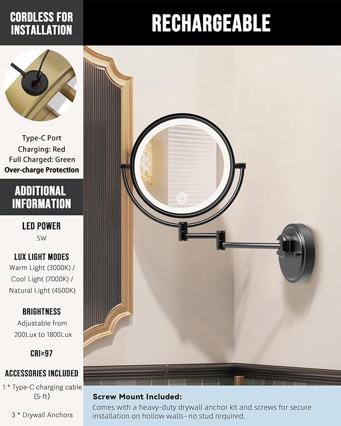 10" Large Wall Mounted Makeup Mirror with Lights and Magnification, 1X/5X Double-Sided 3 Color 5000mAh Rechargeable Touch Dimmable Extended Swing Arm 360 Rotation for Bathroom, Matt Black