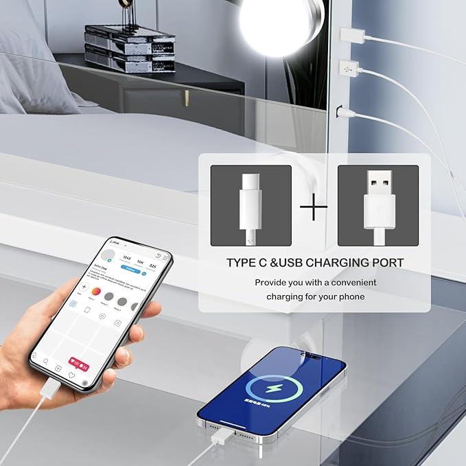 Gvnkvn 18 Extra Bulbs Vanity Mirror with Lights with USB & Type-C Charing, 32WX24L Tabletop Hollyhood Makeup Mirror, Lighted Vanity Mirror,3 Colors Modes,Touch Control,Metal Frame,White