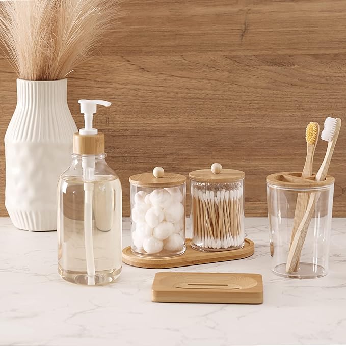 Fixwal Bathroom Soap Dispenser Set, Bamboo Bathroom Accessories Set of 6, Toothbrush Holder, Soap Dispenser, Soap Dish, Tray and 2 Plastic Qtip Medicine Jars with Bamboo Lid