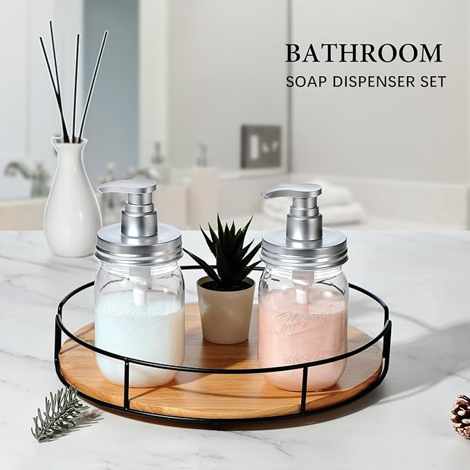 Amolliar Plastic Mason Jar Soap Dispenser with Pump Lid,16OZ Refillable BPA-Free Hand Soap Dispenser Set with Cute Lables, Farmhouse Decor for Kitchen Bathroom, Liquid Soap, Dish Soap (4 Pack, Silver)