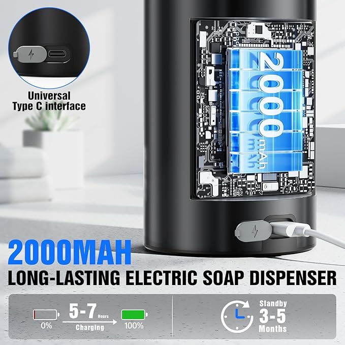 Automatic Foaming Soap Dispenser Touchless, Stainless Steel 11.5 oz 3 Levels Adjustable Hand Soap Dispenser with Rechargeable Sensor Pump for Kitchen & Bathroom Liquid Soap,Black